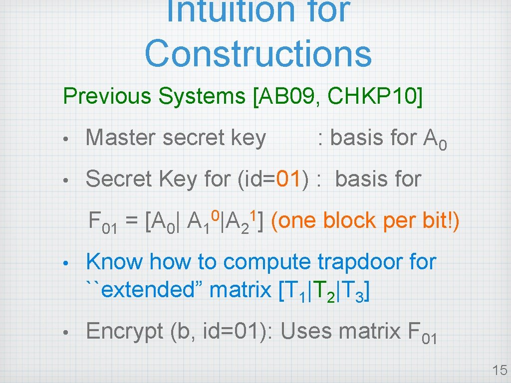 Intuition for Constructions Previous Systems [AB 09, CHKP 10] • Master secret key •