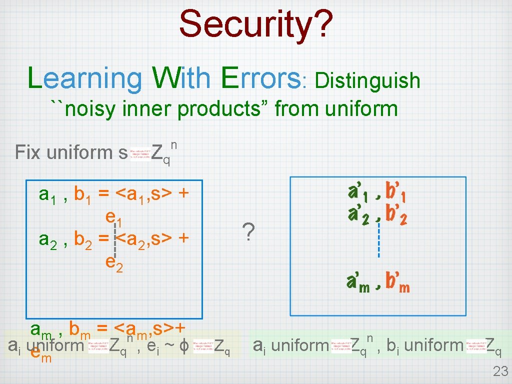 Security? Learning With Errors: Distinguish ``noisy inner products” from uniform Fix uniform s Zq