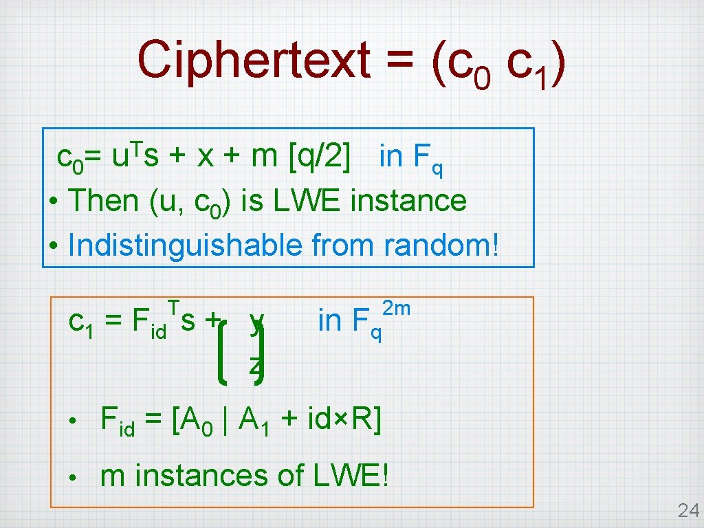 Ciphertext = (c 0 c 1) T u s c 0= + x +