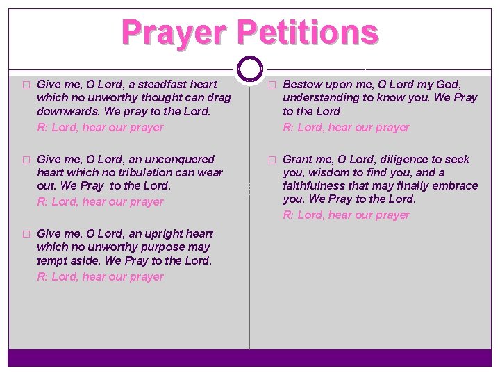 Prayer Petitions � Give me, O Lord, a steadfast heart which no unworthy thought