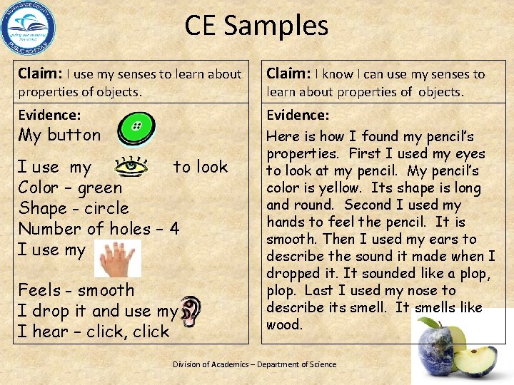 CE Samples Claim: I use my senses to learn about Claim: I know I