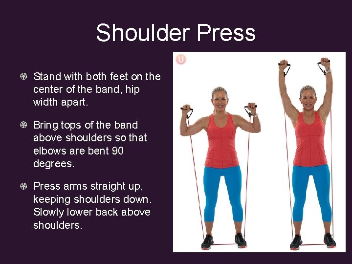 Shoulder Press Stand with both feet on the center of the band, hip width