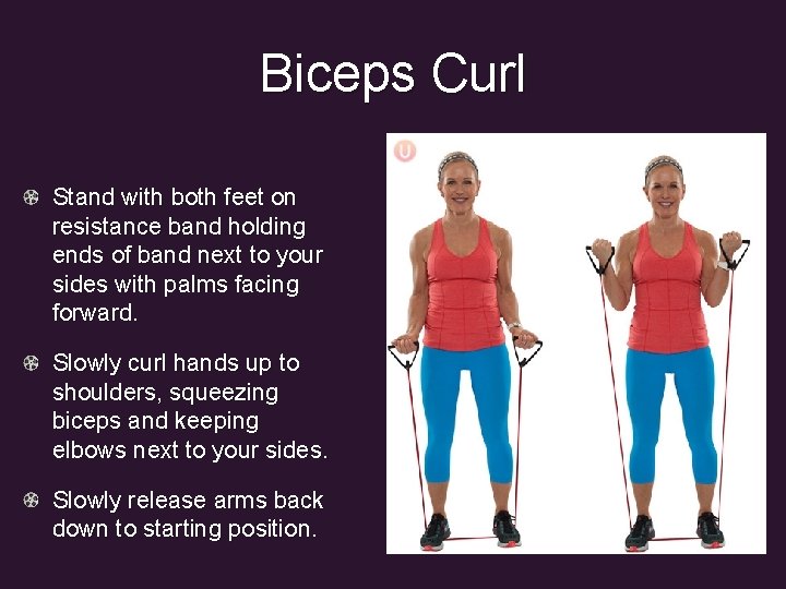 Biceps Curl Stand with both feet on resistance band holding ends of band next