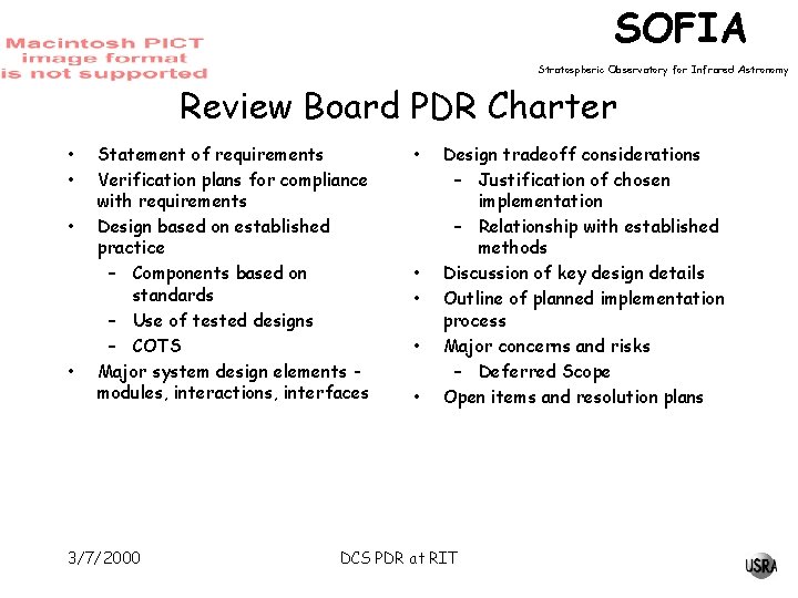 SOFIA Stratospheric Observatory for Infrared Astronomy Review Board PDR Charter • • Statement of
