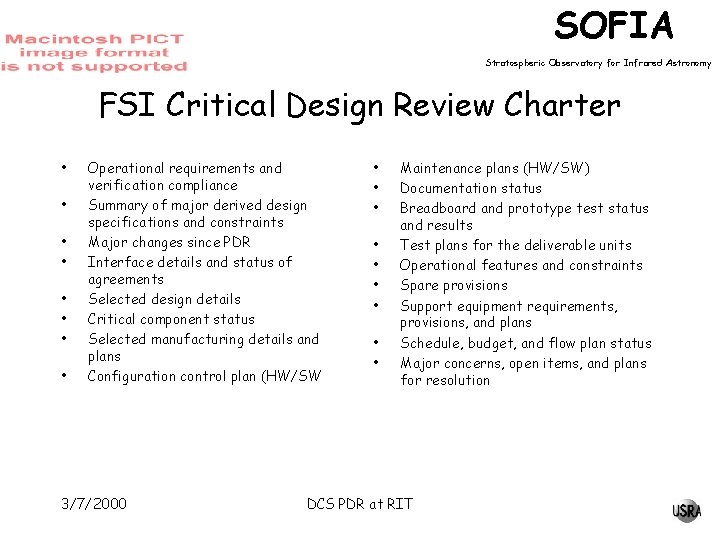 SOFIA Stratospheric Observatory for Infrared Astronomy FSI Critical Design Review Charter • • Operational
