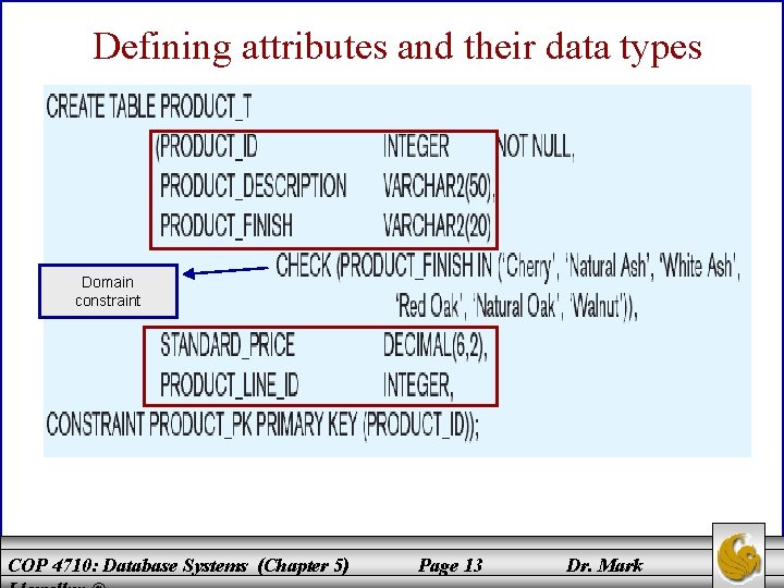 Defining attributes and their data types Domain constraint COP 4710: Database Systems (Chapter 5)