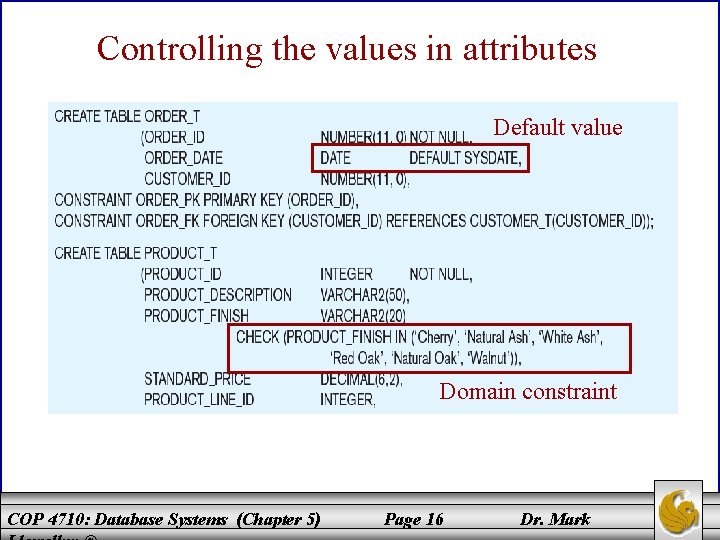 Controlling the values in attributes Default value Domain constraint COP 4710: Database Systems (Chapter