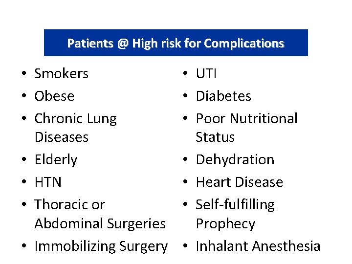 Patients @ High risk for Complications • Smokers • Obese • Chronic Lung Diseases