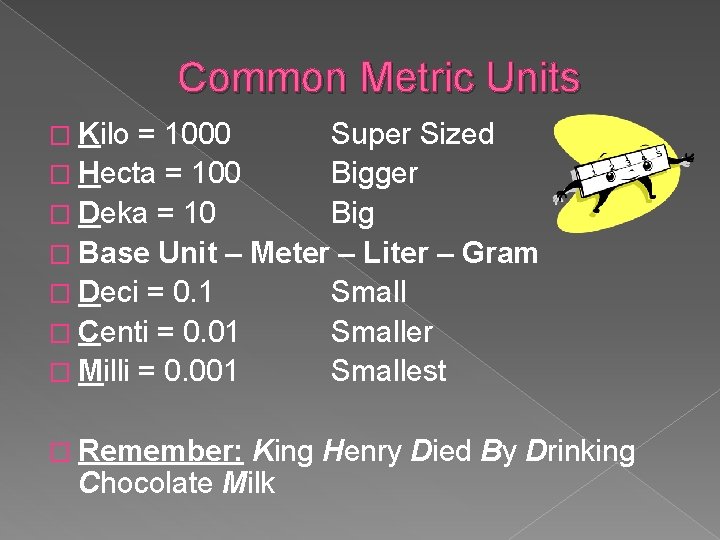 Common Metric Units � Kilo = 1000 Super Sized � Hecta = 100 Bigger