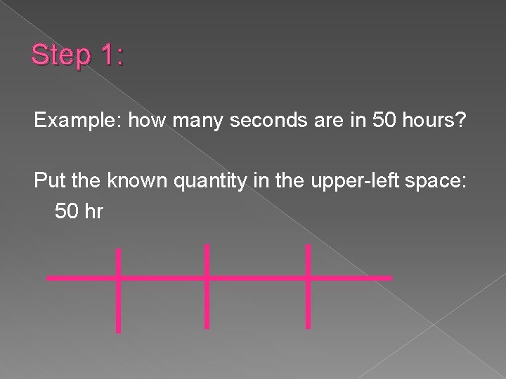 Step 1: Example: how many seconds are in 50 hours? Put the known quantity