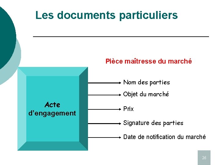 Les documents particuliers Pièce maîtresse du marché Nom des parties Objet du marché Acte