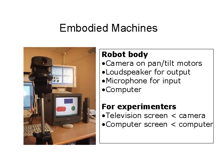 Embodied Machines Robot body • Camera on pan/tilt motors • Loudspeaker for output •