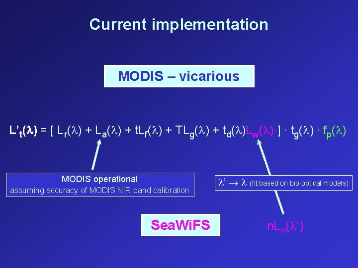 Current implementation MODIS – vicarious L’t( ) = [ Lr( ) + La( )