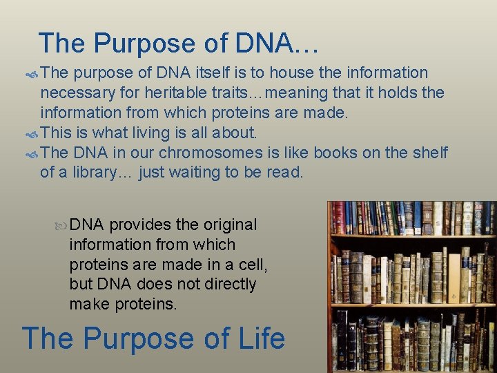 The Purpose of DNA… The purpose of DNA itself is to house the information