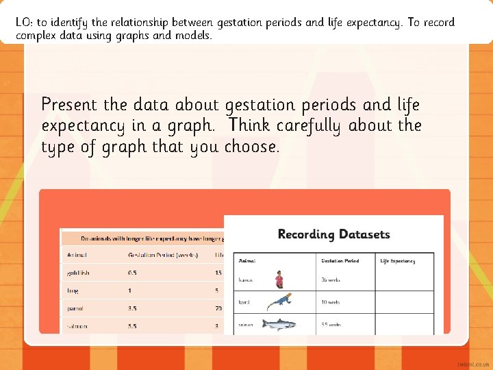 LO: to identify the relationship between gestation periods and life expectancy. To record complex