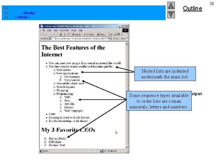 69 70 71 </body> </html> Outline Nested lists are indented underneath the. List. html