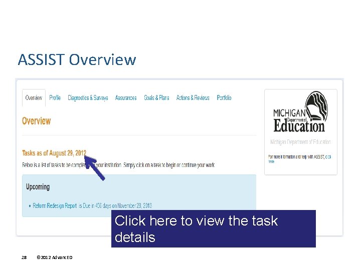 ASSIST Overview Click here to view the task details 28 © 2012 Advanc. ED