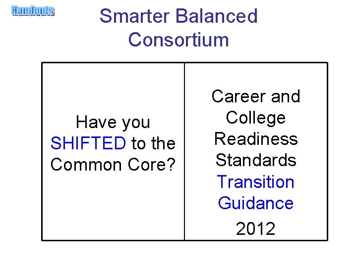Smarter Balanced Consortium Have you SHIFTED to the Common Core? Career and College Readiness