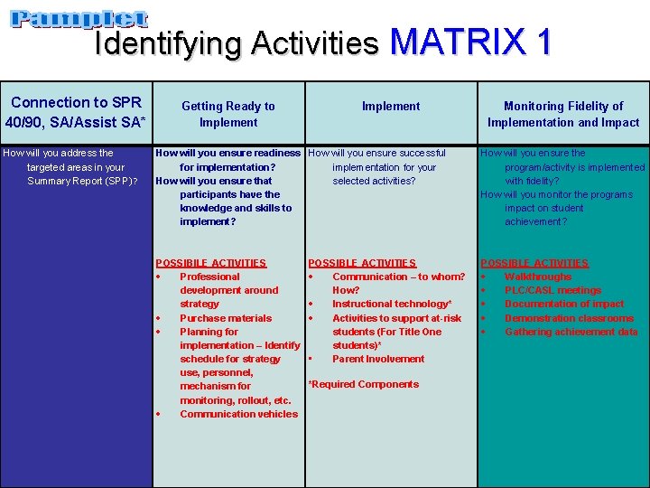 Identifying Activities MATRIX 1 Connection to SPR 40/90, SA/Assist SA* How will you address