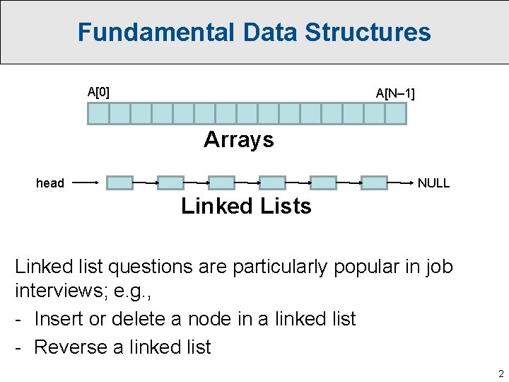 Fundamental Data Structures A[0] A[N– 1] Arrays NULL head Linked Lists Linked list questions