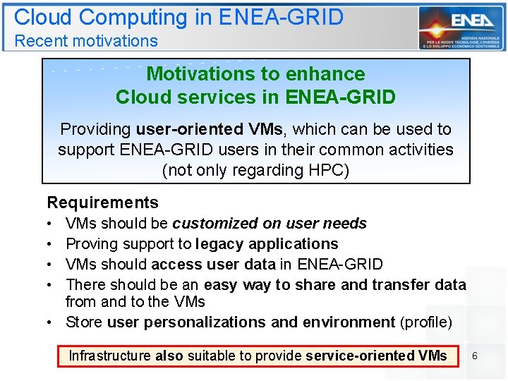 Cloud Computing in ENEA-GRID Recent motivations Motivations to enhance Cloud services in ENEA-GRID Providing