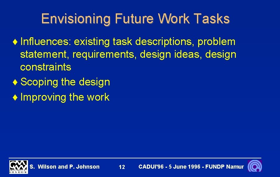 Envisioning Future Work Tasks ¨ Influences: existing task descriptions, problem statement, requirements, design ideas,