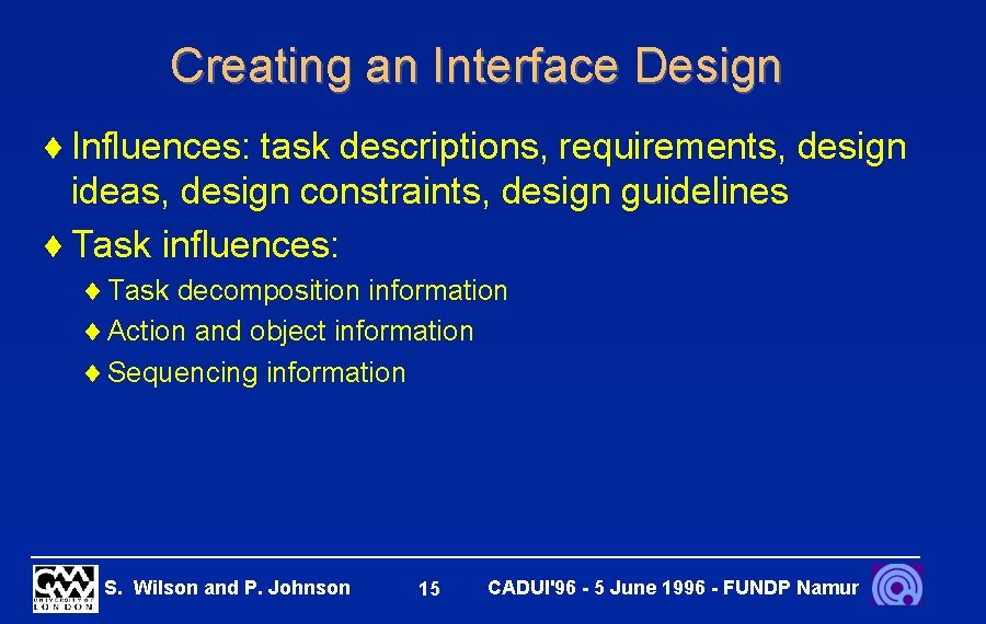 Creating an Interface Design ¨ Influences: task descriptions, requirements, design ideas, design constraints, design