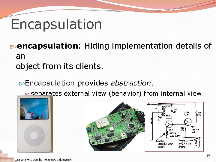 Encapsulation encapsulation: Hiding implementation details of an object from its clients. Encapsulation provides abstraction.