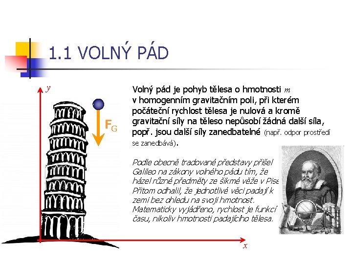 1. 1 VOLNÝ PÁD y FG Volný pád je pohyb tělesa o hmotnosti m