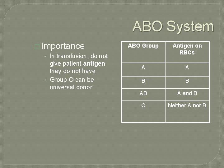 ABO System � Importance • In transfusion, do not give patient antigen they do
