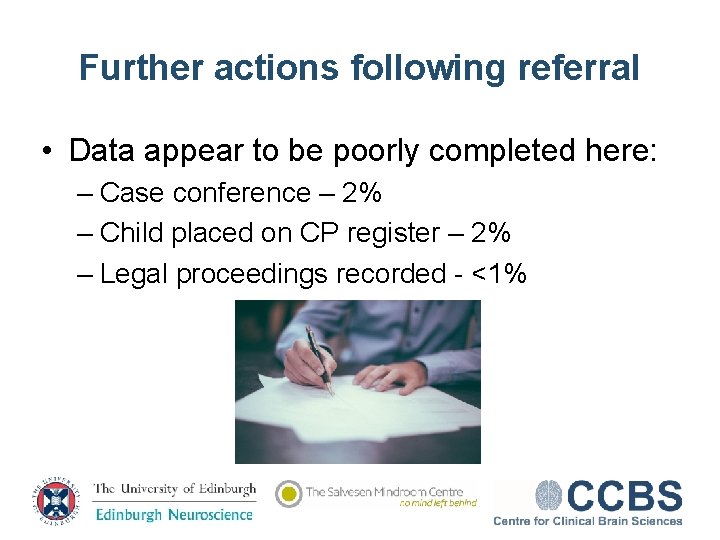 Further actions following referral • Data appear to be poorly completed here: – Case