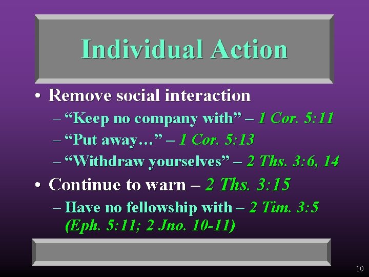 Individual Action • Remove social interaction – “Keep no company with” – 1 Cor.