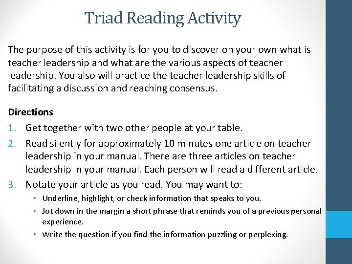 Triad Reading Activity The purpose of this activity is for you to discover on
