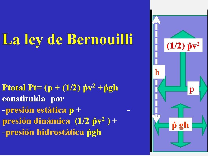 La ley de Bernouilli (1/2) ṗv 2 h Ptotal Pt= (p + (1/2) ṗv