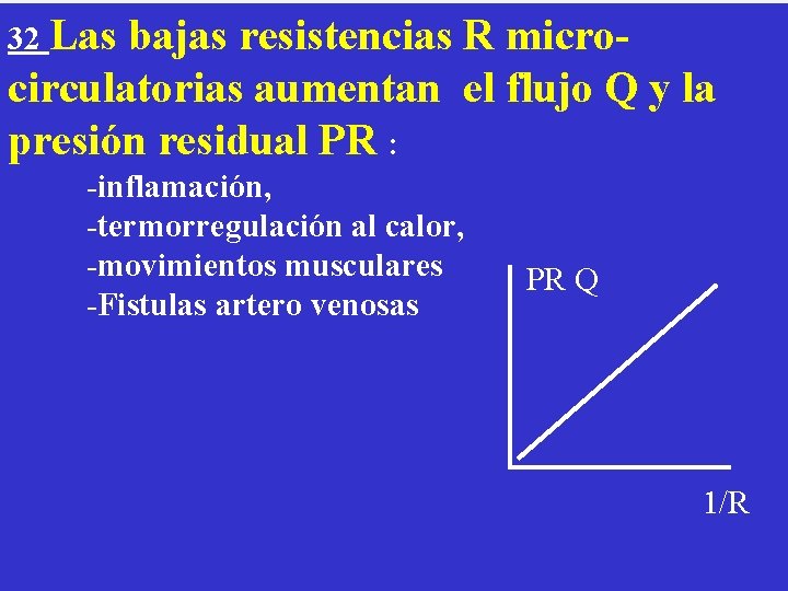 32 Las bajas resistencias R microcirculatorias aumentan el flujo Q y la presión residual