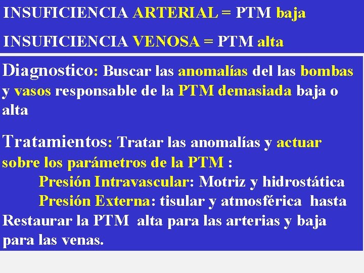 INSUFICIENCIA ARTERIAL = PTM baja INSUFICIENCIA VENOSA = PTM alta Diagnostico: Buscar las anomalías