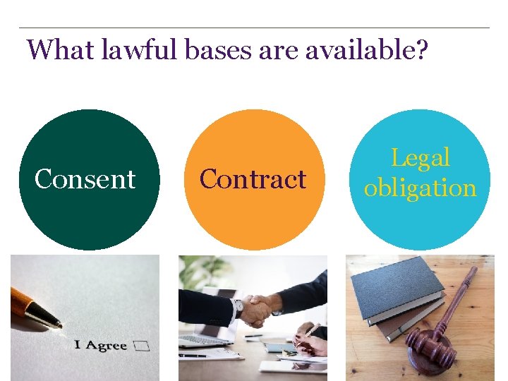 What lawful bases are available? Consent Contract Legal obligation 