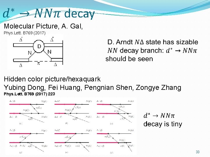 Molecular Picture, A. Gal, Phys. Lett. B 769 (2017) Hidden color picture/hexaquark Yubing Dong,