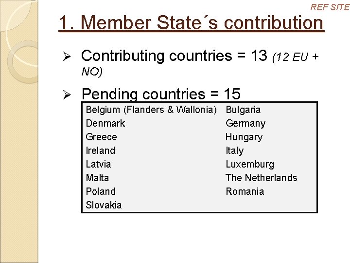 REF SITES 1. Member State´s contribution Ø Contributing countries = 13 (12 EU +