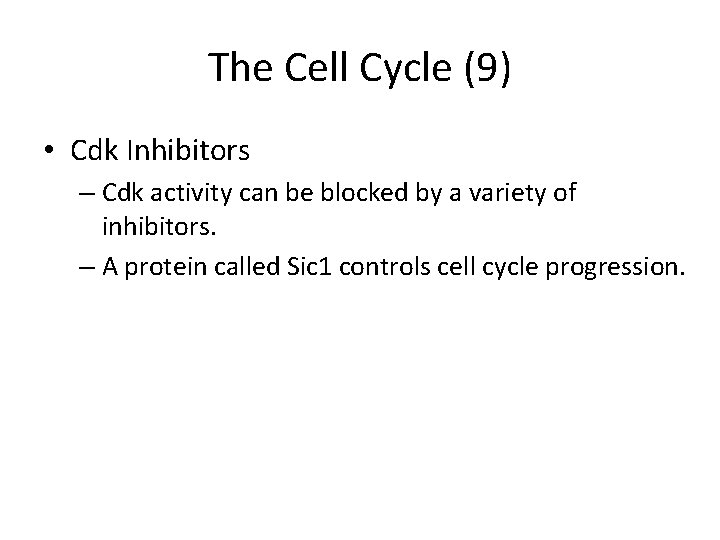 The Cell Cycle (9) • Cdk Inhibitors – Cdk activity can be blocked by