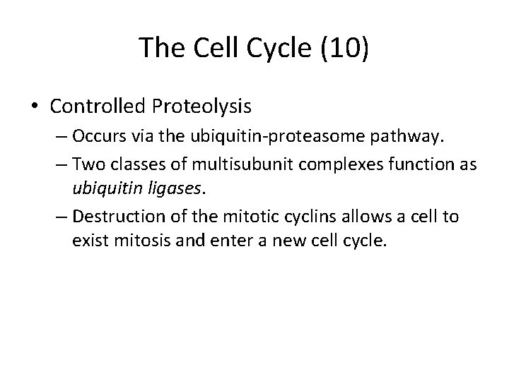 The Cell Cycle (10) • Controlled Proteolysis – Occurs via the ubiquitin-proteasome pathway. –