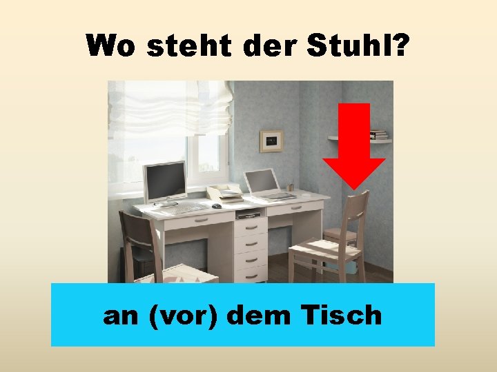 Wo steht der Stuhl? an (vor) dem Tisch 