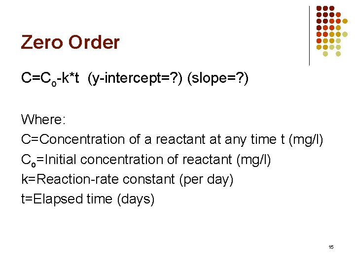 Zero Order C=Co-k*t (y-intercept=? ) (slope=? ) Where: C=Concentration of a reactant at any