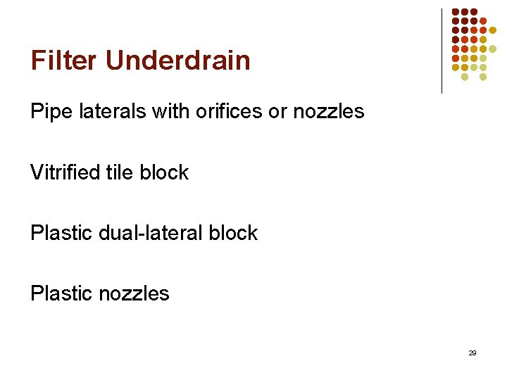 Filter Underdrain Pipe laterals with orifices or nozzles Vitrified tile block Plastic dual-lateral block