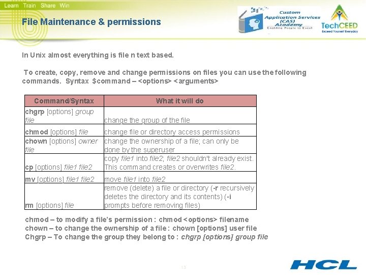 File Maintenance & permissions In Unix almost everything is file n text based. To