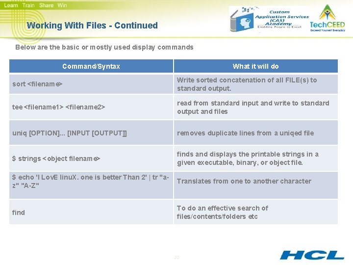 Working With Files - Continued Below are the basic or mostly used display commands