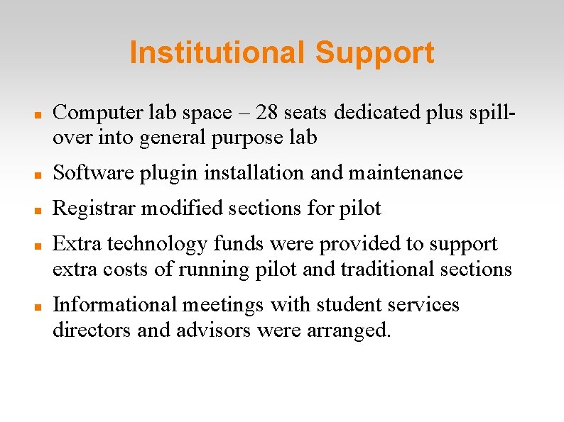 Institutional Support Computer lab space – 28 seats dedicated plus spillover into general purpose