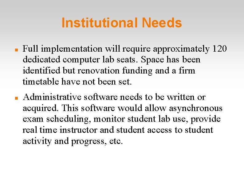 Institutional Needs Full implementation will require approximately 120 dedicated computer lab seats. Space has