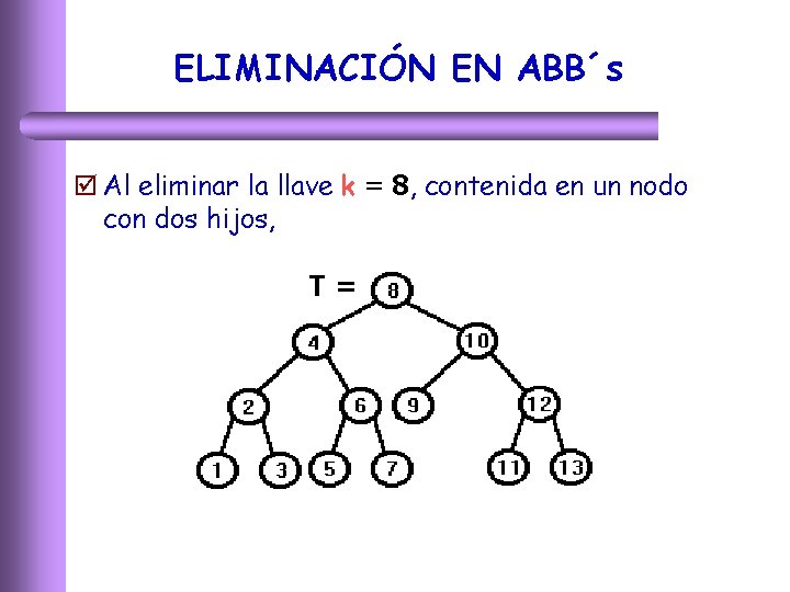 ELIMINACIÓN EN ABB´s þ Al eliminar la llave k = 8, contenida en un