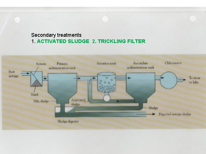 Secondary treatments 1. ACTIVATED SLUDGE 2. TRICKLING FILTER 